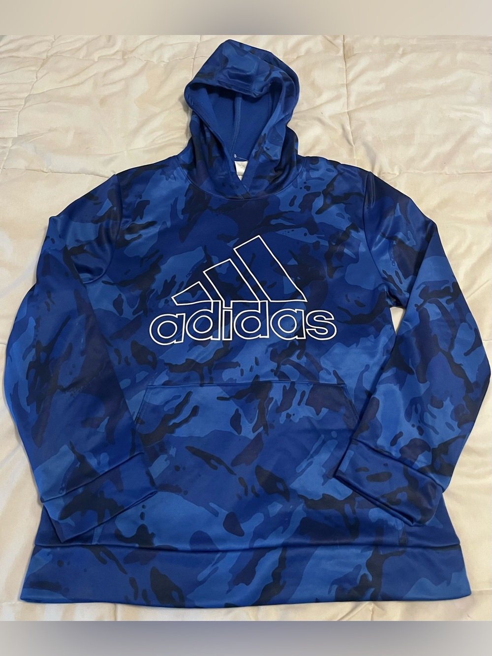Adidas Kids Blue Camo Fleece Hooded Sweatshirt boys size xl 18/20 logo